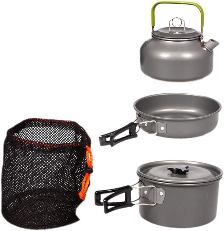 Laad afbeelding in Galerijviewer, Perfect koken in de natuur met onze camping kookgereiset: geanodiseerde aluminium ketel, enorme, dekselpot en opvouwbare pannenset voor ruimtebesparing. Verpakt in een zwarte mesh draagtas.
