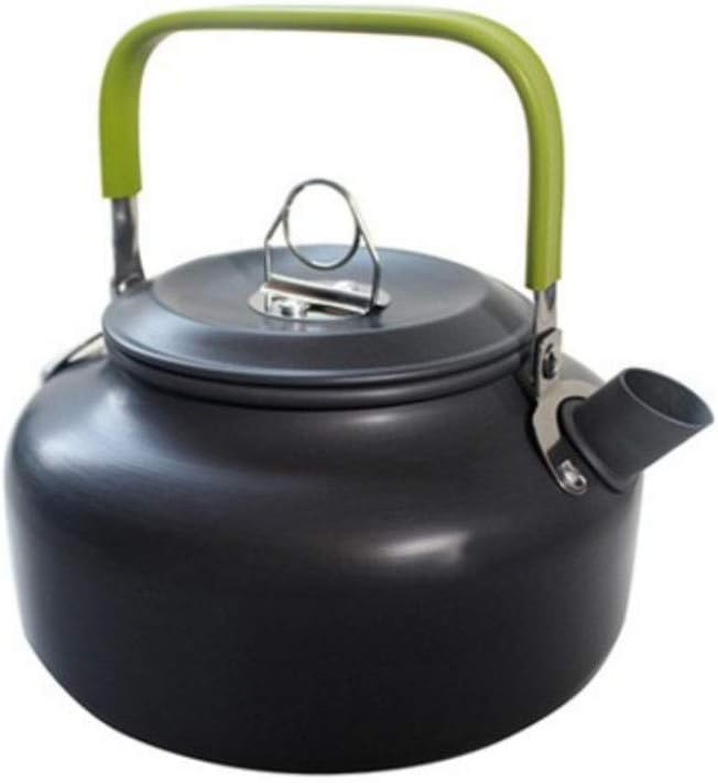 Laad afbeelding in Galerijviewer, De Perfect Koken campingtheepot is gemaakt van geanodiseerd aluminium voor extra duurzaamheid en heeft een zwarte metalen behuizing met een groen handvat en een rond deksel.
