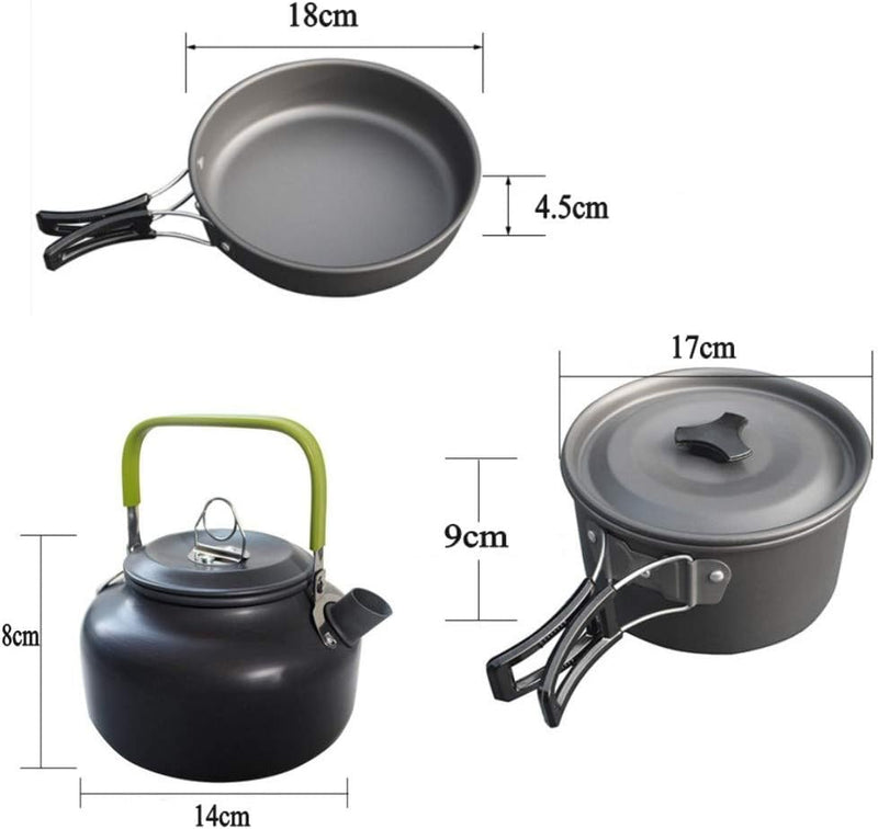 Laad afbeelding in Galerijviewer, De &quot;Perfect koken in de natuur met onze camping kookgereiset&quot; bestaat uit een koekenpan (18cm diameter, 4,5cm hoogte), pan met deksel (17cm diameter, 9cm hoogte), en waterkoker (14cm diameter, 8cm hoogte) in strak zwart met opvouwbare pannenset handgrepen, gemaakt van duurzaam geanodiseerd aluminium voor gemakkelijk transport.
