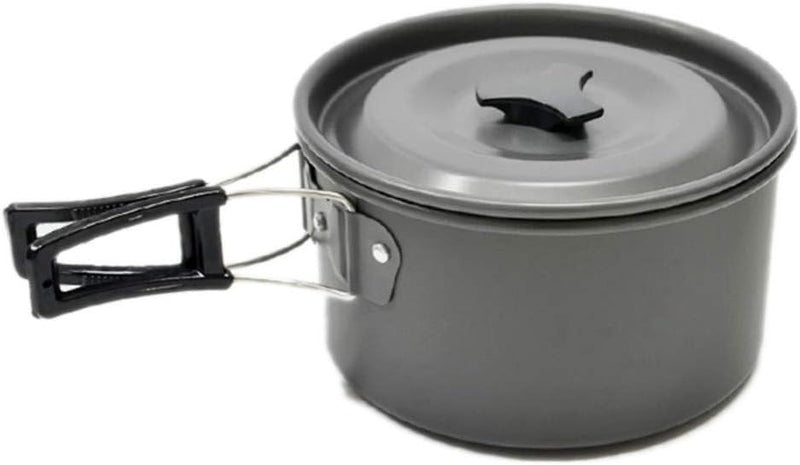 Laad afbeelding in Galerijviewer, De Perfect koken in de natuur camping kookgereiset bestaat uit een metalen pot gemaakt van geanodiseerd aluminium, met deksel en opvouwbaar handvat, ideaal voor elk buitenavontuur.
