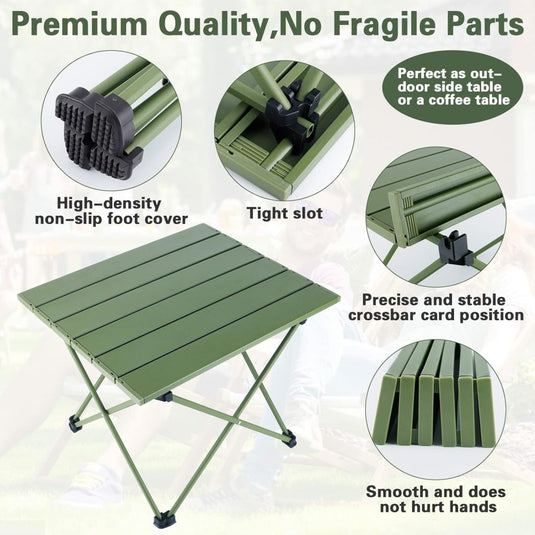 Ontdek de ultieme kampeerervaring met onze draagbare, groene opvouwbare tafel, ontworpen met antislip voetjes, een strakke gleuf, een nauwkeurige positie van de dwarsbalkkaart en multifunctioneel gebruik voor gemak en veiligheid.