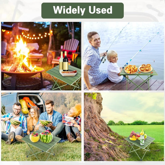 Collage met een kampvuur, vissen, een autopicknick en een boomtafereel, allemaal met de Ontdek de ultieme kampeerervaring met onze mobiele campingtafel! in het groen met een ultralicht ontwerp. Op de bovenste banner staat: "Veel gebruikt.