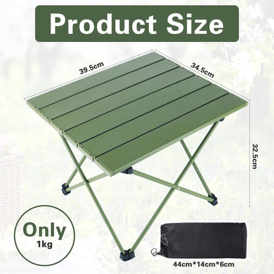 Ontdek de ultieme kampeerervaring met onze ultralichte groene vouwtafel van 39,5 x 34,5 x 32,5 cm en 1 kg, compleet met een zwarte draagtas van 44 x 14 x 6 cm en antislip voetkappen voor extra stabiliteit.