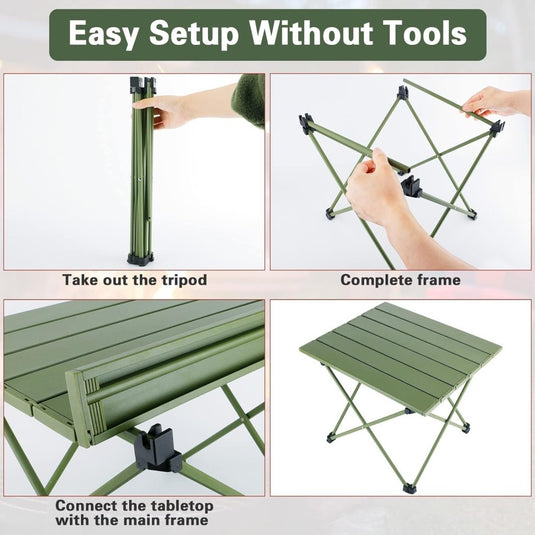 De Ontdek de ultieme kampeerervaring met onze draagbare campingtafel is eenvoudig en zonder gereedschap op te zetten: verwijder het statief, monteer het frame en bevestig het tafelblad. Het ultralichte groene ontwerp met een antislip voetkap-ontwerp zorgt voor stabiliteit tijdens uw avontuur.