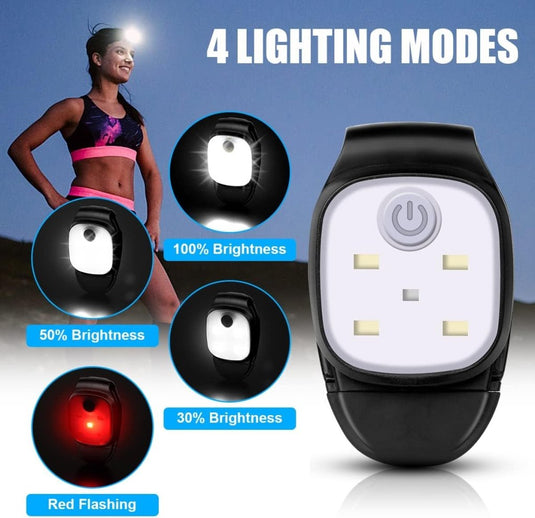Een persoon buiten in de schemering gebruikt de "Veilig en verlicht: Clip-on running lights voor nachtelijke activiteiten", een kleine USB-oplaadbare koplamp met vier verlichtingsmodi: 100%, 50%, 30% helderheid en rood knipperend.