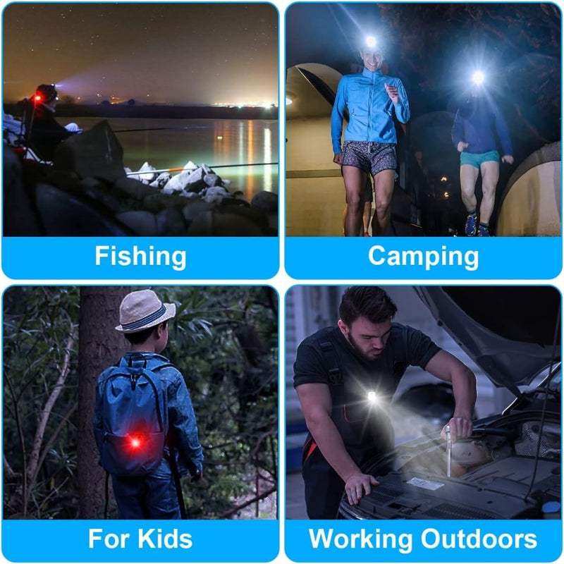 Laad afbeelding in Galerijviewer, Collage van vier beelden: nachtelijk vissen aan een meer, kamperen met USB-oplaadbare LED-lampen, een kind met rugzak in het bos, en &#39;s nachts buiten werken met de &quot;Veilig en verlicht: Clip-on running lights voor nachtelijke activiteiten.
