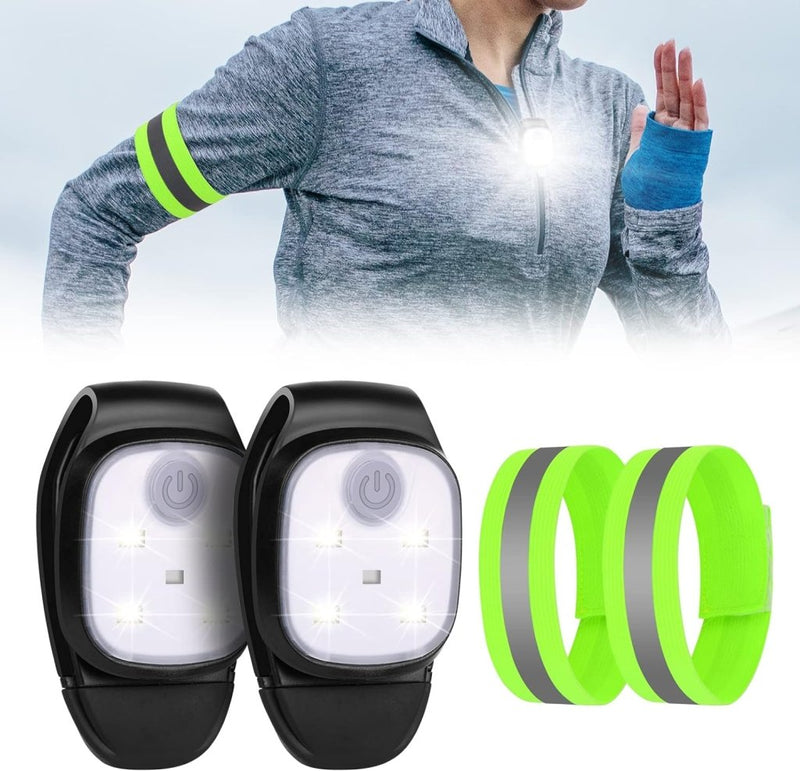 Laad afbeelding in Galerijviewer, Een persoon in een grijze jas maakt gebruik van USB-oplaadbare LED-verlichting met groene reflecterende armbanden. Hieronder staan &quot;Veilig en verlicht: Clip-on running lights voor nachtelijke activiteiten&quot; en andere armbanden.
