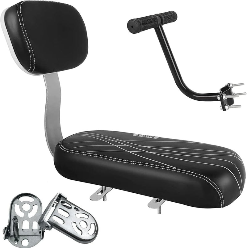 Laad afbeelding in Galerijviewer, Het product &quot;🚴‍♂️ Comfortabel en veilig achterop! Het perfecte fietszitje voor jouw kind&quot; is een zwart fietszitje met rugleuning, bevestigingsmateriaal en stuurbevestiging op een witte achtergrond, ideaal om je fiets om te toveren tot een comfortabele rit voor peuters.
