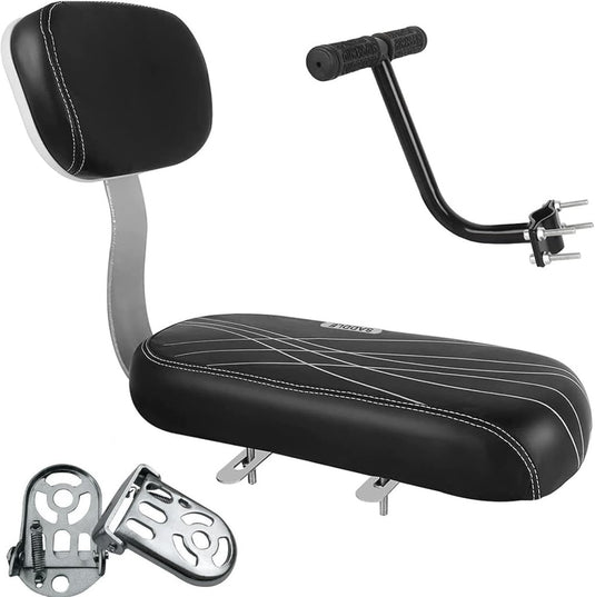 Het product "🚴‍♂️ Comfortabel en veilig achterop! Het perfecte fietszitje voor jouw kind" is een zwart fietszitje met rugleuning, bevestigingsmateriaal en stuurbevestiging op een witte achtergrond, ideaal om je fiets om te toveren tot een comfortabele rit voor peuters.