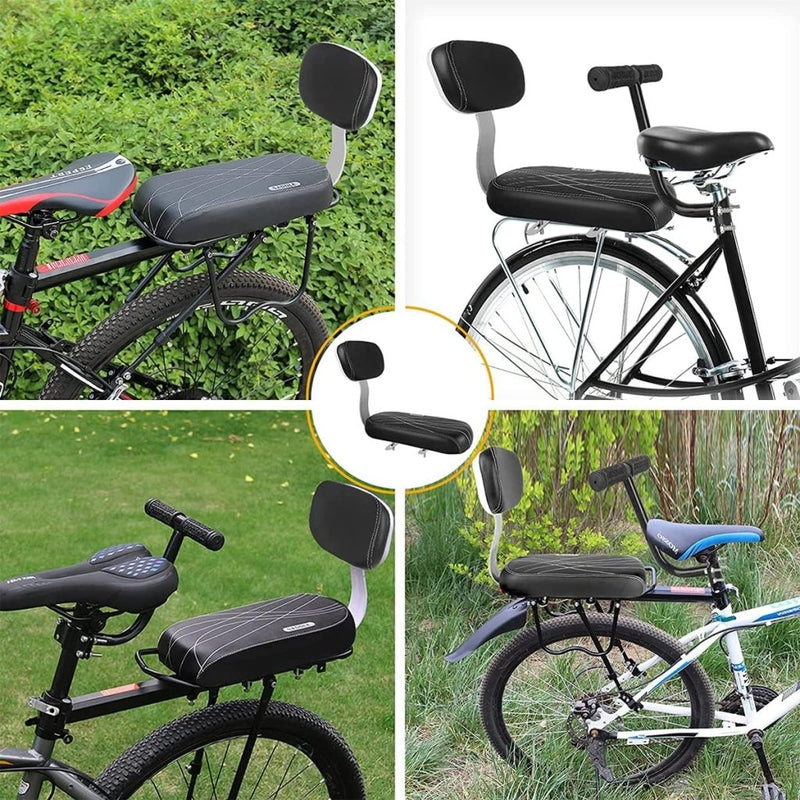 Laad afbeelding in Galerijviewer, Collage van vier fietsen, elk met een zwart beklede rugleuning en zitje op de achterste bagagedrager, buiten afgebeeld. Ideaal voor peuters om comfortabel en veilig te genieten van ritjes met de &quot;🚴‍♂️ Comfortabel en veilig achterop! Het perfecte fietszitje voor jouw soort.
