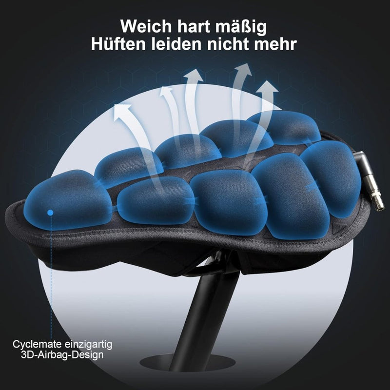 Laad afbeelding in Galerijviewer, De &quot;🚴 Comfortabele fietsen zonder zadelpijn – de ultieme ergonomische fietszadelhoes!&quot; beschikt over een blauw gedempt 3D-airbagontwerp en SoftAirSeat-technologie, met een Duitse beschrijving die de zachtheid en het comfort benadrukt via een innovatief opblaasbaar luchtkussensysteem voor drukverlichting.
