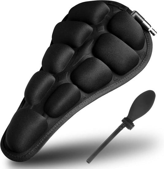 Geniet van een comfortabele rit met het zwarte opblaasbare zitkussen, uitgerust met SoftAirSeat-technologie en een rasterpatroon voor comfort. Hij staat bekend als de 