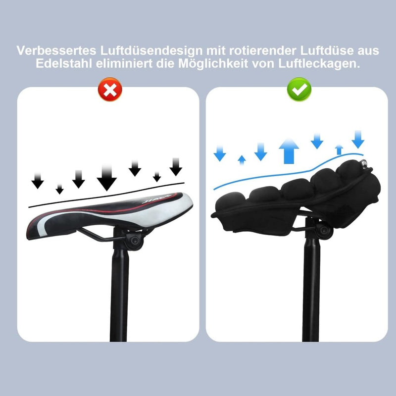 Laad afbeelding in Galerijviewer, Twee illustraties van fietsstoeltjes: links een strak ontwerp met neerwaartse pijlen; rechts wordt een stoel met kussens weergegeven die gebruikmaakt van de SoftAirSeat-technologie, weergegeven met pijlen naar boven. Overhead staat Duitse tekst over het opblaasbaar luchtkussensysteem. Product: 🚴 Comfortabele fietsen zonder zadelpijn – de ultieme ergonomische fietszadelhoes!.
