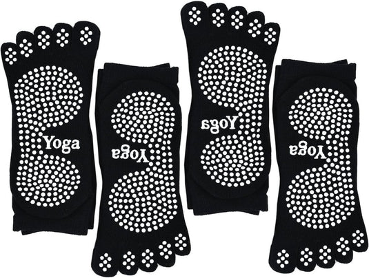 De Antislip dames yoga sokken, met zwarte teensokken met antislip witte stippen en "Yoga" opdruk, bieden maximale grip voor verbeterde stabiliteit, wat zorgt voor ultiem comfort en veiligheid.
