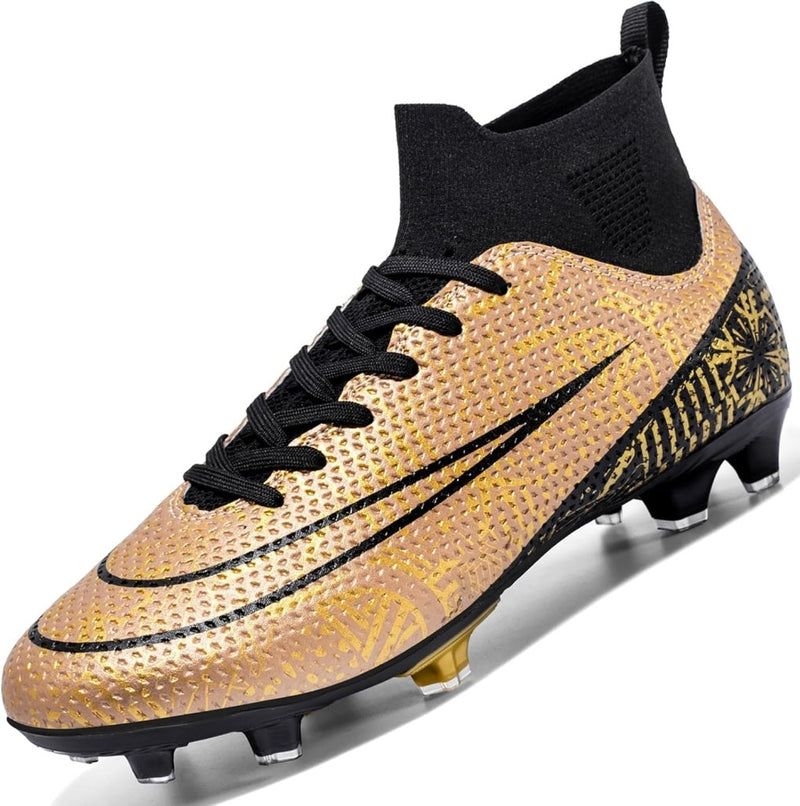 Laad afbeelding in Galerijviewer, De goud-zwarte &quot;⚽ Domineer het veld met deze hoogwaardige voetbalschoenen!&quot; hebben een strak hoog ontwerp met zwarte veters en schoenplaatjes voor betere grip en stabiliteit.
