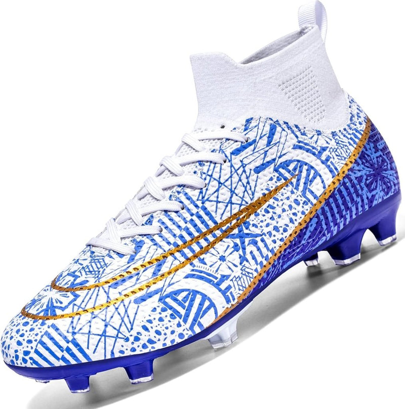 Laad afbeelding in Galerijviewer, Bekijk onze ⚽ Domineer het veld high-performance voetbalschoenen! Deze witte schoenen hebben blauwe abstracte patronen, een gouden swoosh en blauwe studs voor uitzonderlijke grip en stabiliteit. Het hoge ontwerp biedt verbeterde enkelondersteuning, perfect voor dynamisch veldspel.

