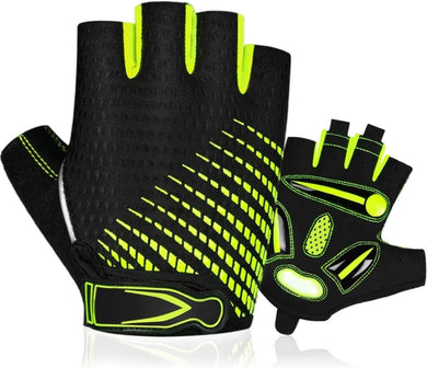 Zwarte en neongroene vingerloze handschoenen met gewatteerde handpalmen en verstelbare bandjes bieden ultiem comfort tijdens het fietsen of gewichtheffen, voorzien van schokbestendige gelvulling. Bekend als 