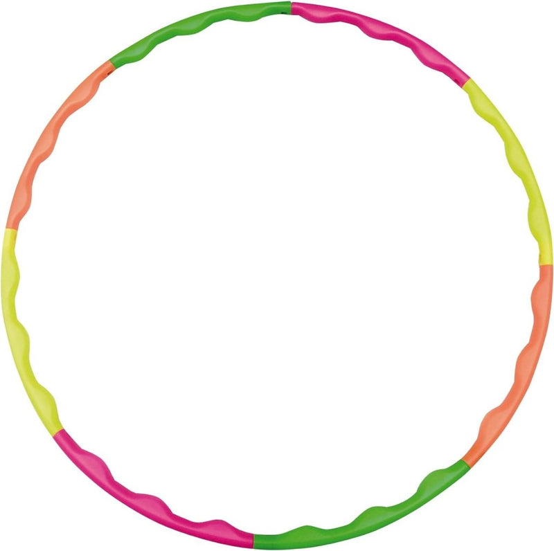 Laad afbeelding in Galerijviewer, Ontdek de meerkleurige fitnesshoepel met golvende secties in groen, roze, oranje en geel voor een leuke en spierversterkende workout. Perfect voor kids van 9 tot 18 jaar!.
