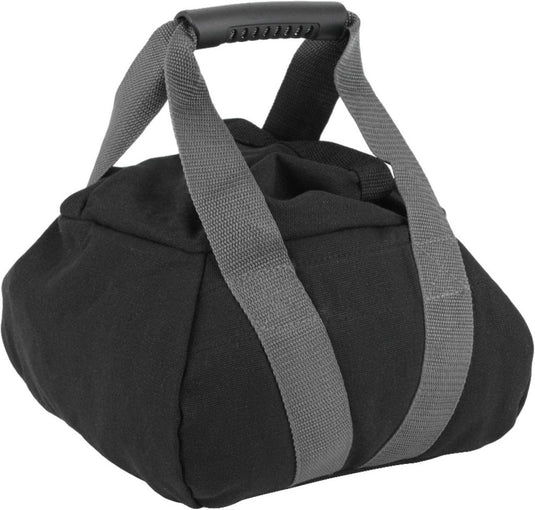 De Krachtige zandzak voor gewichtheffen en fitness, voorzien van grijze handvatten en een zwarte grip, is perfect voor krachttraining of als veelzijdige zandzak.