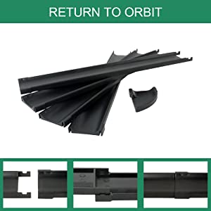 Laad afbeelding in Galerijviewer, Zwarte kunststof secties met connectoren, gelabeld &quot;RETURN TO ORBIT&quot;, uitgewaaierd. Close-ups tonen connectoren, perfect voor een professionele golf putting trainer setup naast een tweekleurige grasgolfmat van Verbeter je golfspel met onze professionele golf putting trainer.
