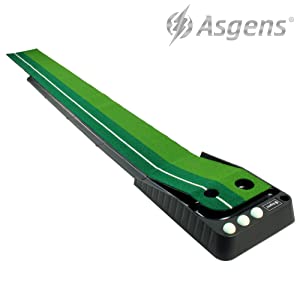 Laad afbeelding in Galerijviewer, Het &quot;Verbeter je golfspel met onze professionele putting trainer&quot; is voorzien van een groene minigolfmat met twee gaten, tweekleurige grasgolfmat, een automatisch balterugslagsysteem en wordt geleverd met drie witte ballen op een zwarte voet van Asgens - ideaal voor golfliefhebbers.
