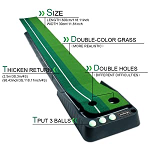 Laad afbeelding in Galerijviewer, Diagram van &quot;Verbeter je golfspel met onze professionele putting trainer&quot; toont een tweekleurige grasgolfmat van 300 cm lengte, 30 cm breedte met verdikte return, dubbele gaten, drie balsleuven en voor het gemak automatische balterugslag.

