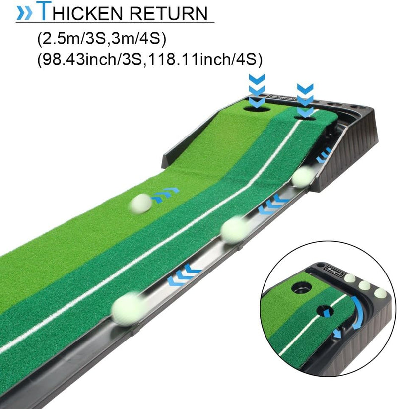 Laad afbeelding in Galerijviewer, Verbeter uw golfspel met onze professionele trainer met witte ballen, een tweekleurige grasgolfmat met een helling, blauwe pijlen voor de balrichting en de tekst &quot;Thicken Return&quot; met nauwkeurige metingen.
