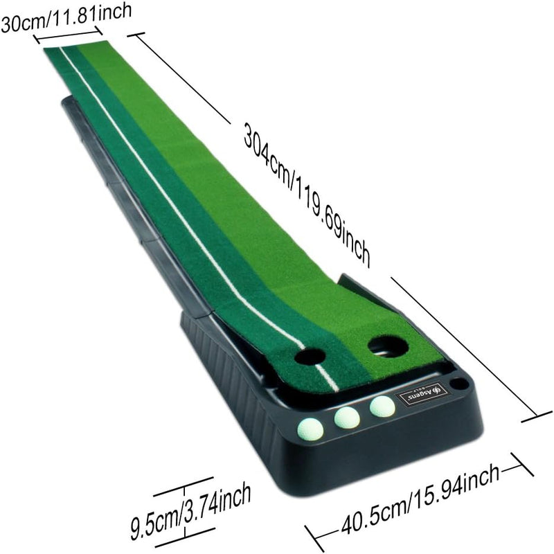 Laad afbeelding in Galerijviewer, De &quot;Verbeter je golfspel met onze professionele golf putting trainer&quot; is een draagbare tweekleurige grasgolfmat met afmetingen in centimeters en inches, voorzien van twee gaten, uitlijningslijnen en een automatische balretour voor een naadloze oefening.
