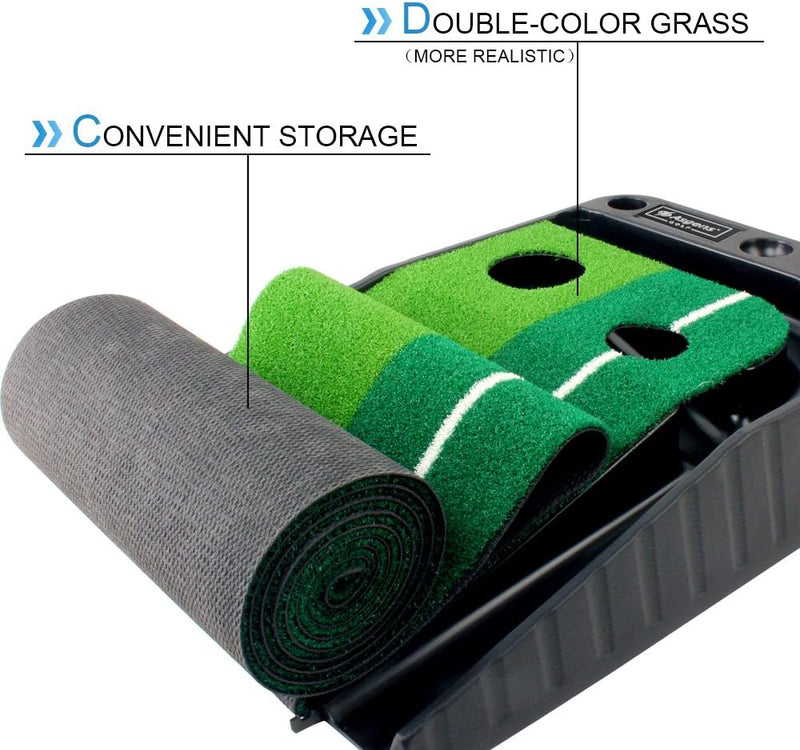 Laad afbeelding in Galerijviewer, Een zwarte container bevat tweekleurige grasgolfmatrollen en een mat met de opschriften &quot;Handige opbergruimte&quot; en &quot;Meer realistisch dubbelkleurig gras&quot;, perfect voor de professionele trainer die precisie nastreeft met ons product, &quot;Verbeter je golfspel met onze professionele golf putting trainer.
