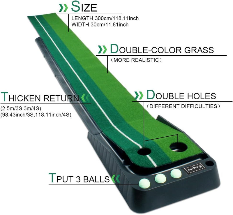 Laad afbeelding in Galerijviewer, Verbeter je golfspel met onze professionele trainer: een tweekleurige grasgolfmat van 300cm x 30cm met dubbele holes voor uitdagende niveaus, verdikte retourbaan, automatische balterugslag en ruimte voor drie ballen.
