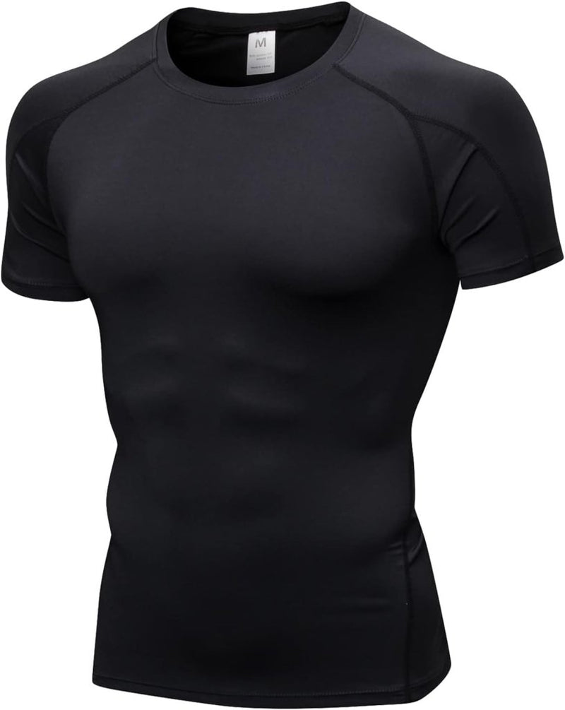 Laad afbeelding in Galerijviewer, Een effen zwart atletisch T-shirt met korte mouwen, ronde hals en getailleerd ontwerp, ideaal voor spierherstel, weergegeven tegen een witte achtergrond. Product: Verbeter je prestaties met dit geweven compressieshirt voor heren.
