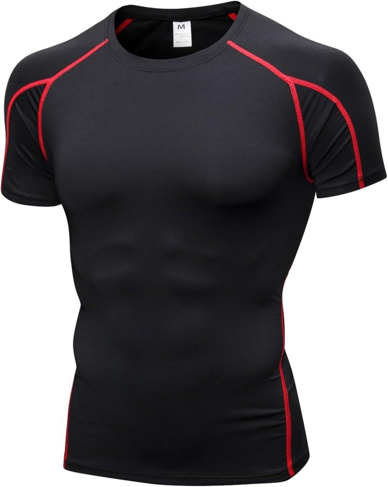 Laad afbeelding in Galerijviewer, Verbeter je prestaties met dit beperkte compressieshirt voor heren, een zwart sneldrogend T-shirt met rode naden, korte mouwen en een strakke pasvorm voor optimaal spierherstel, getoond op een torso etalagepop.

