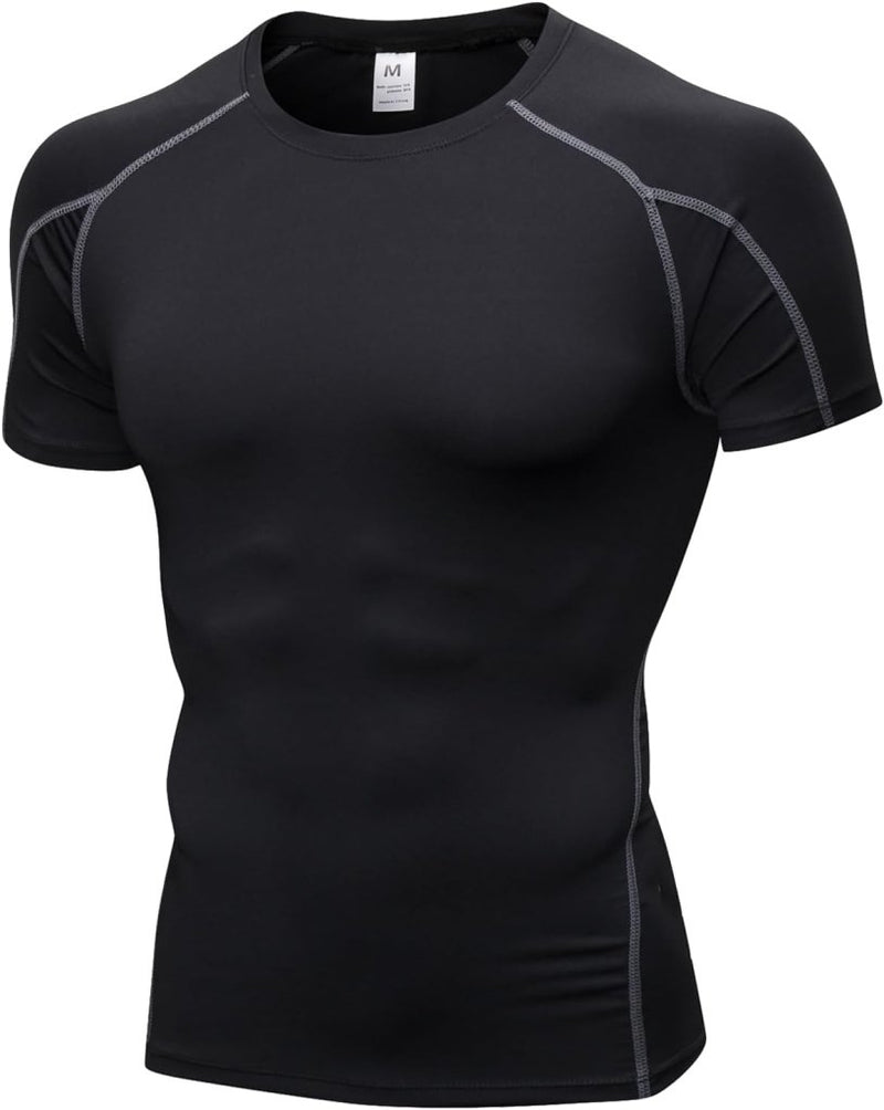 Laad afbeelding in Galerijviewer, Een zwart atletisch T-shirt met korte mouwen en grijze stiksels, ontworpen voor sneldrogend en optimaal spierherstel. Product: &quot;Verbeter je prestaties met dit geweven compressieshirt voor heren.
