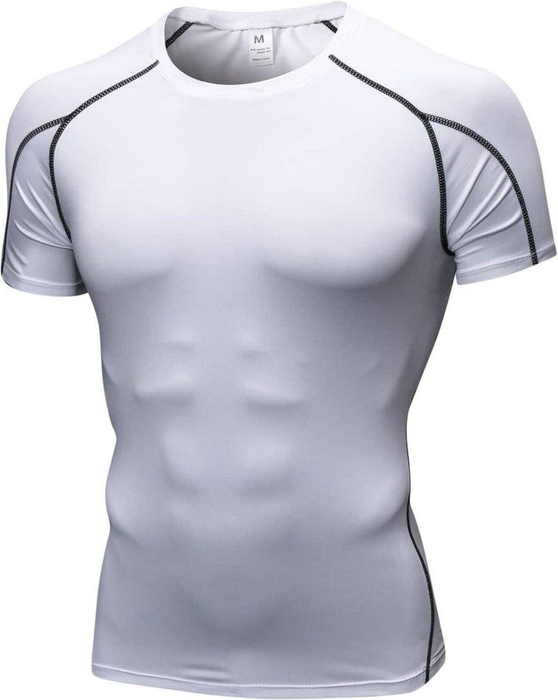 Laad afbeelding in Galerijviewer, Het &quot;Verbeter je prestaties met dit beperktee compressieshirt voor heren&quot; is een wit shirt met korte mouwen en zwarte stiksels, met een gespierd ontwerp aan de voorkant voor snelle prestaties en verbeterd spierherstel.
