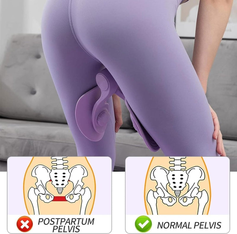 Laad afbeelding in Galerijviewer, Een persoon gebruikt de Transformeer je workout trainer in de woonkamer; de onderstaande diagrammen illustreren de postpartum- en normale bekkenanatomie.
