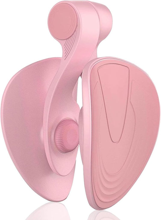 Een roze, abstract sculpturaal object met gebogen vlakken, waarin moderne kunst en fitness samenkomen, doet dienst als bekkenbodemspiertrainer. Met de titel "Transformeer je workout - Versterk je bekkenbodem en vorm prachtige rondingen!" staat het elegant tegen een witte achtergrond en nodigt het uit tot nieuwsgierigheid en innovatie.