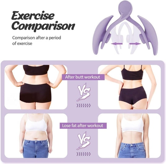 Een illustratie contrasteert de trainingsresultaten van twee personen, waarbij significante veranderingen in lichaamsvorm voor en na de training worden getoond. Bovenaan onderstreept "Transformeer je workout - Versterk je bekkenbodem en vorm prachtige rondingen!" het belang ervan in hun fitnessreis.
