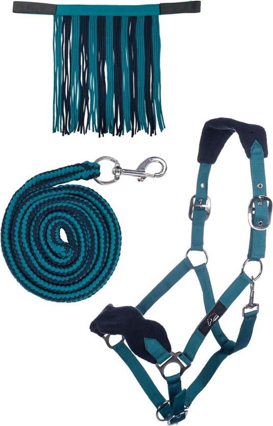 Ontdek het beste halster met draadslot voor uw paard. Het is gemaakt van hoogwaardig polyester en heeft een gevoerd neus- en nekstuk, een frontriem met franjes en een bijpassend leidkoord met metalen onderdelen en gespen.