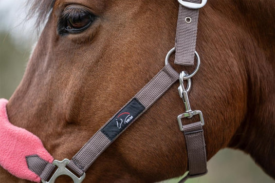 Close-up van het gezicht van een bruin paard met het "Ontdek de beste halster met draadslot voor jouw paard!" in bruin, voorzien van metalen beslag en een roze neusriem van hoogwaardig polyester. Op het hoofdstel is een klein zwart logolabel zichtbaar.