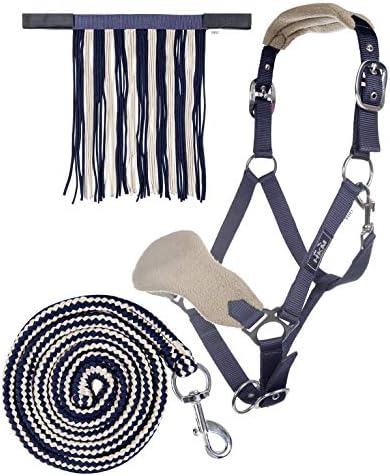 Ontdek de ideale ruiterset met een blauw-wit halster met fleece vulling, gemaakt van premium polyester. Inclusief een bijpassend gevlochten leidkoord met zilveren clip en een vliegenfranje met afwisselende kwastjes. Product: Ontdek de beste halster met draadslot voor jouw paard!.