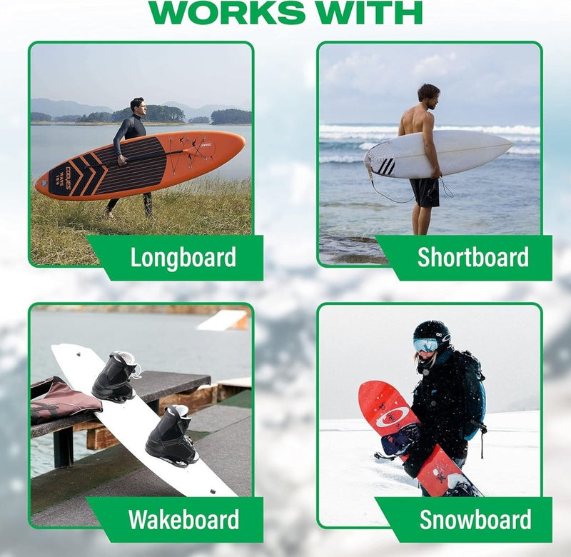 Laad afbeelding in Galerijviewer, Boven vier afbeeldingen van een longboard, shortboard, wakeboard en snowboard in actie staat de tekst &quot;Works with&quot;. Elk board is verbeterd voor prestaties en stijl met opties zoals &quot;Jouw surfplank verdient een stijlvol display! 🏄‍♂️&quot; met bamboe surfplank muurbevestiging of massief hout voor duurzaamheid.

