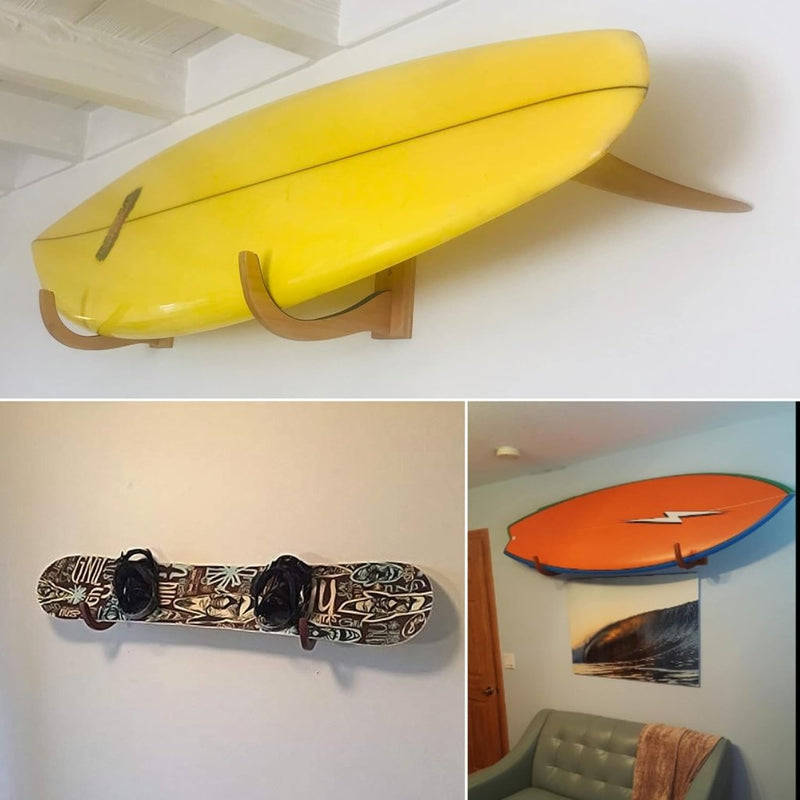Laad afbeelding in Galerijviewer, Elke muur toont een uniek board: een geel surfboard, een versierd snowboard en een oranje surfboard, allemaal gemonteerd met aparte rekken voor een elegante touch. Jouw surfplank verdient een stijlvolle display! 🏄‍♂️.
