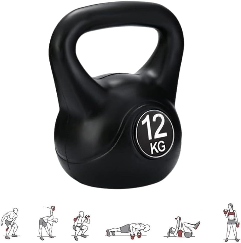 Laad afbeelding in Galerijviewer, De perfecte workoutpartner: Kettlebell gewicht in zwart, weegt 12 kg, ideaal voor krachttraining. Voorzien van een ergonomische handgreep en inclusief illustraties om u te begeleiden bij squats en lunges.
