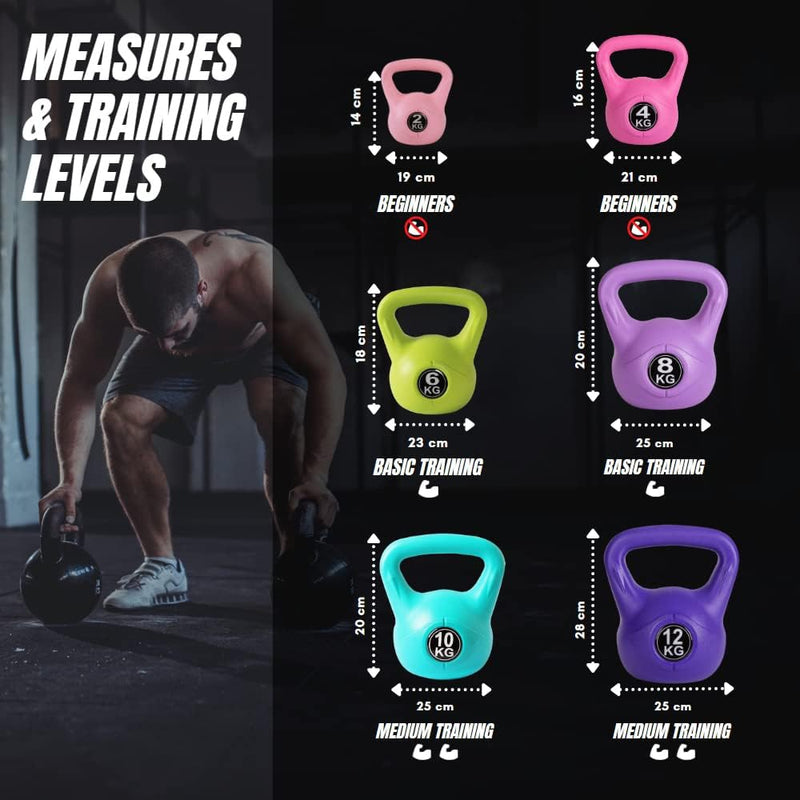 Laad afbeelding in Galerijviewer, Een persoon gebruikt &quot;De perfecte workout partner: Kettlebell gewicht met ergonomische handgreep&quot; voor krachttraining. De afbeelding toont kettlebells voor verschillende niveaus: beginners (4, 6 kg), basic (8, 10 kg), en medium (10, 12 kg) met maatdetails.
