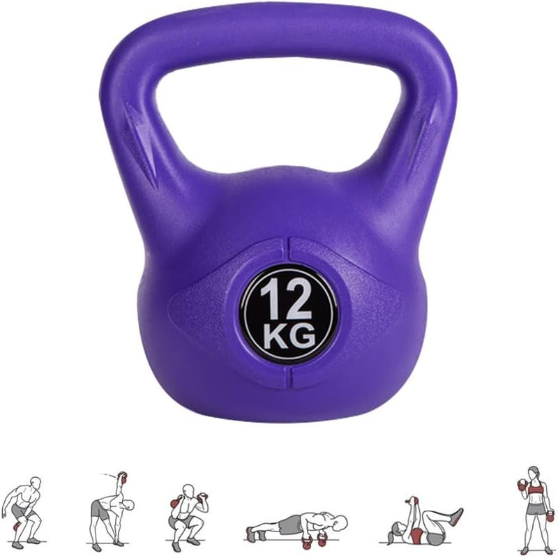 Laad afbeelding in Galerijviewer, Een paarse kettlebell van 12 kg met een ergonomische handgreep en oefenillustraties van trainingen aan de onderkant, ideaal voor krachttraining. Product: De perfecte trainingspartner: Kettlebell gewicht met ergonomische handgreep.
