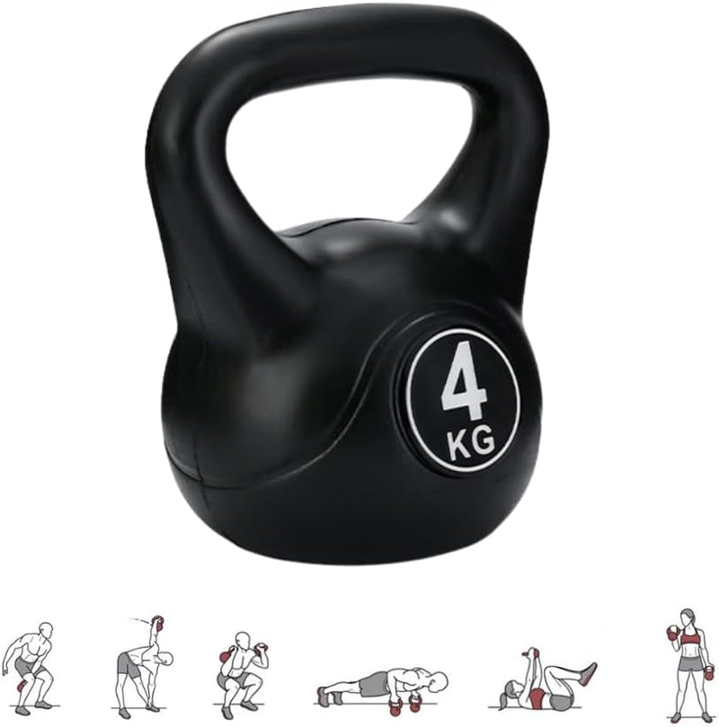 Laad afbeelding in Galerijviewer, Een zwarte kettlebell van 4 kg met de naam &quot;De perfecte workoutpartner: Kettlebell gewicht met ergonomische handgreep&quot; wordt getoond met vijf geïllustreerde oefeningen die verschillende kettlebell krachttrainingsposities demonstreren.
