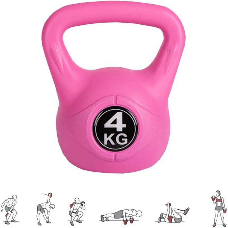 Laad afbeelding in Galerijviewer, De perfecte workoutpartner: 4 kg roze kettlebell met ergonomische handgreep. Zes kleine illustraties tonen verschillende kettlebell oefeningen ideaal zijn voor krachttraining.
