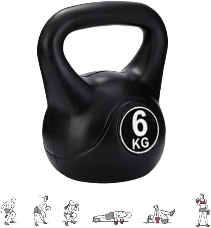 Laad afbeelding in Galerijviewer, Een zwarte kettlebell van 6 kg, De perfecte trainingspartner: Kettlebell gewicht met ergonomische handgreep, inclusief kleine illustraties met krachttrainingsoefeningen zoals squats en armlifts.
