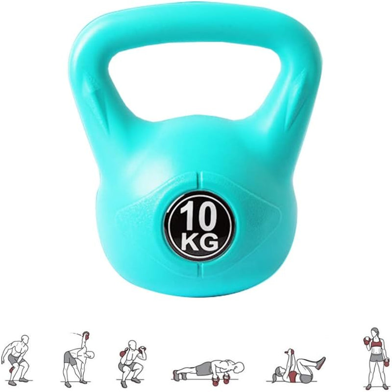 Laad afbeelding in Galerijviewer, De 10 kg zware turquoise Kettlebell, &quot;De perfecte workout partner&quot;, heeft een ergonomische handgreep voor comfort en controle, met geïllustreerde oefenpictogrammen die verschillende krachttrainingshoudingen laten zien om uw routine te verbeteren.

