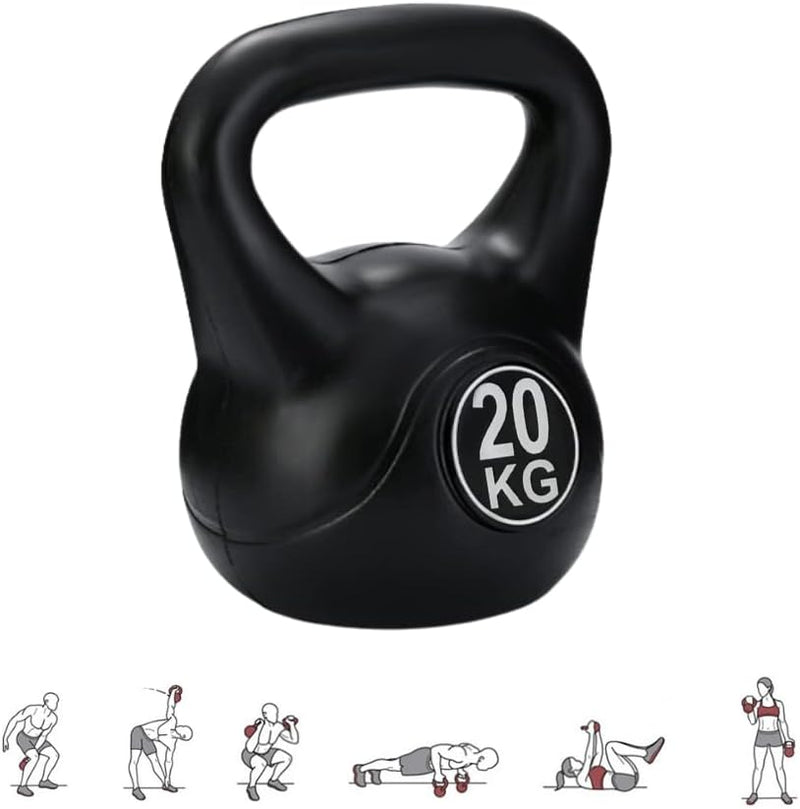 Laad afbeelding in Galerijviewer, De Kettlebell gewicht, De perfecte workout partner, is een zwarte kettlebell van 20 kg voor krachttraining, voorzien van een illustratie van zes oefenposities en een ergonomische handgreep voor een stevige grip tijdens de training.
